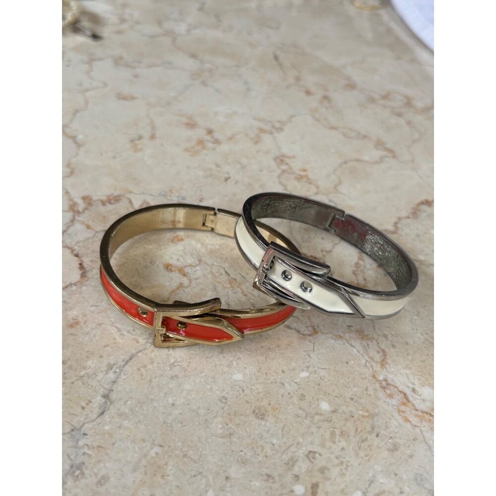 Gold-Tone orange & White Enamel Buckle Bangle Bracelets Set Of 2